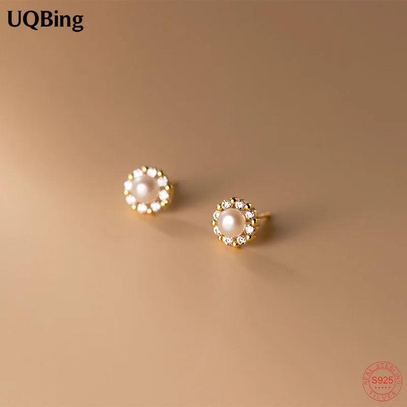 925 Silver 18K Plated Pearl Zircon Stud Earrings