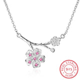 925 Silver Cherry Flower Necklace Crystal Tree Branch Pendant