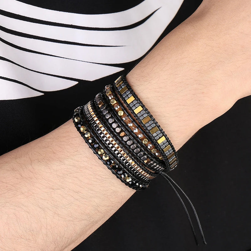 Stainless Steel Hematite Bracelet Unisex 5 Wraps Box Chain