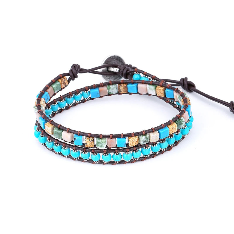 Boho 2 Leather Stone Beaded Bracelet