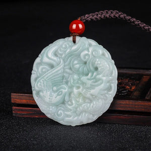Burma Jade Dragon Phoenix Necklace Lucky Amulet Hand Carved LongFeng Jadeite