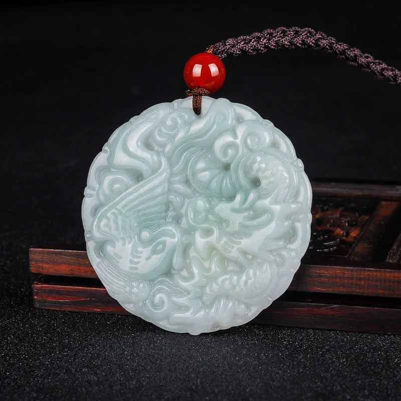 Burma Jade Dragon Phoenix Necklace Lucky Amulet Hand Carved LongFeng Jadeite