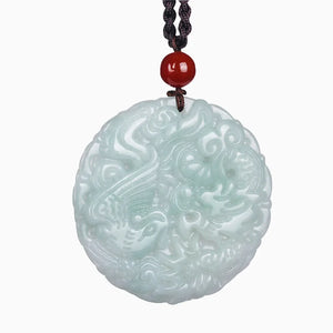 Burma Jade Dragon Phoenix Necklace Lucky Amulet Hand Carved LongFeng Jadeite