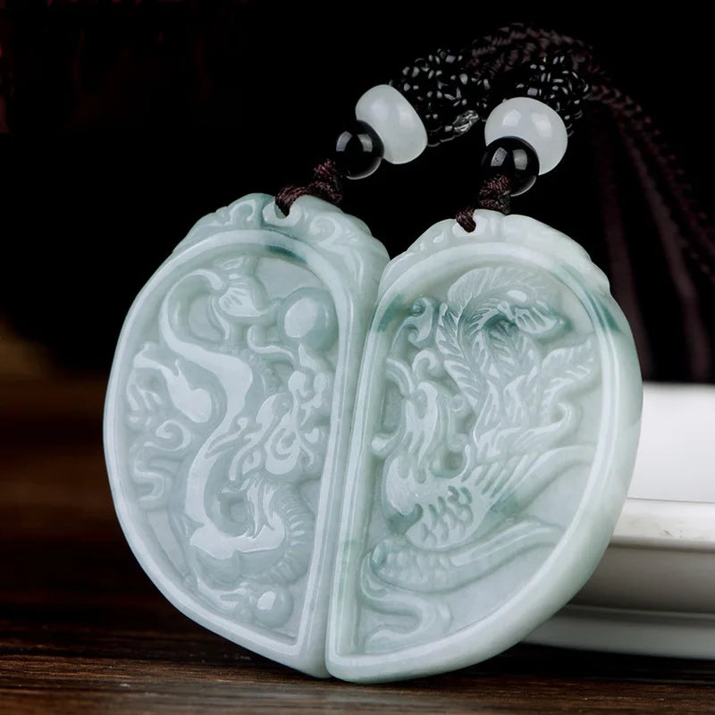 Burma Jade Pendant Hand Carved Lucky Amulet Dragon Phoenix Jadetite Necklace