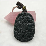 Green Nephrite Carved Dragon Phoenix Keychain Necklace Set