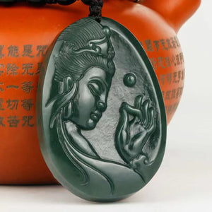 Hand Carved XinJiang HeTian Nephrite Jade Guan Yin Buddha Pendant Necklace
