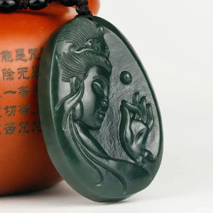 Hand Carved XinJiang HeTian Nephrite Jade Guan Yin Buddha Pendant Necklace