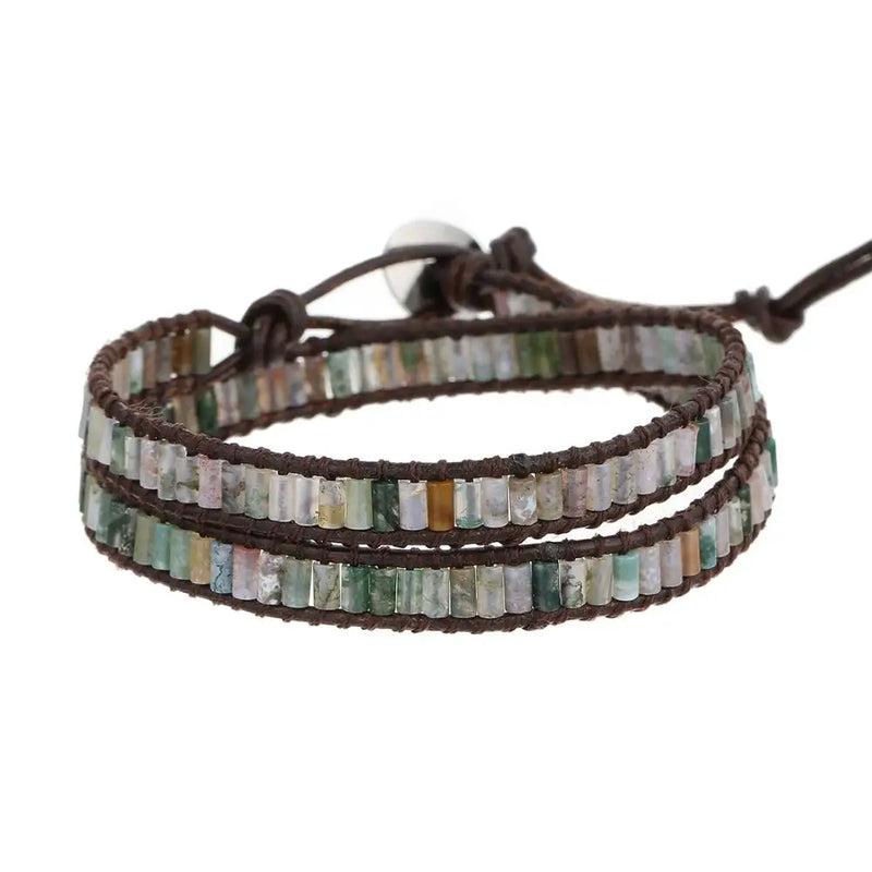 Gemstone Tube Bead 2X Wrap Leather Bracelet