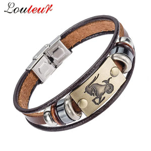 Zodiac Signs Bracelet Stainless Steel Clasps Leather Men Jewelry