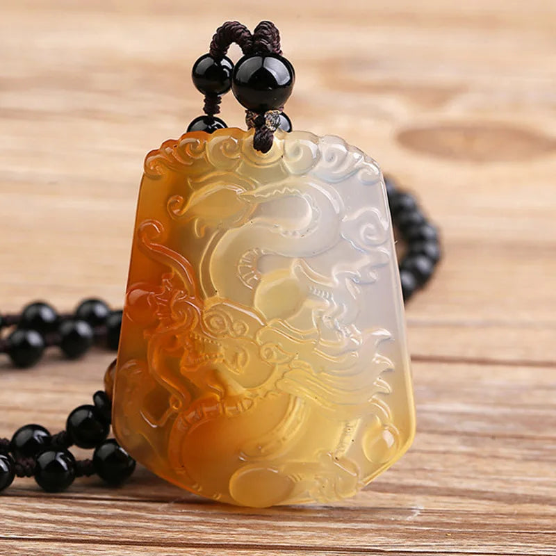 Chalcedony Dragon Pendant Necklace Lucky Amulet Men Women Gift