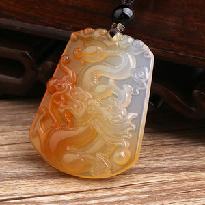 Chalcedony Dragon Pendant Necklace Lucky Amulet Men Women Gift