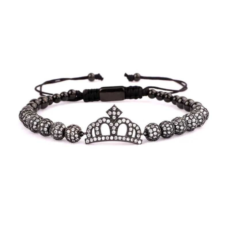 CZ Micro Pave Ball Crown Charm Beaded Bracelet Bangle