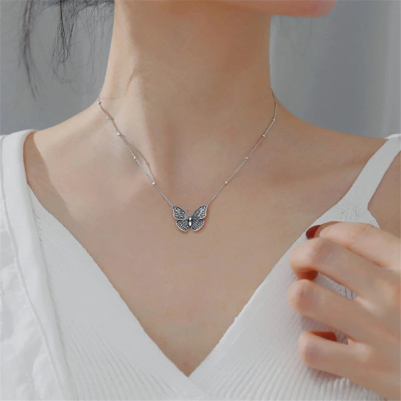 Vintage Style Butterfly Choker Necklace 925 Sterling Silver Retro Jewelry