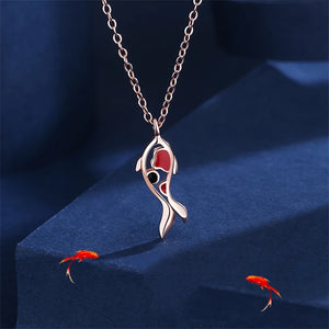 Lucky Fish Koi Pendant Necklace 999 Sterling Silver Rose Golden Enamel Jewelry