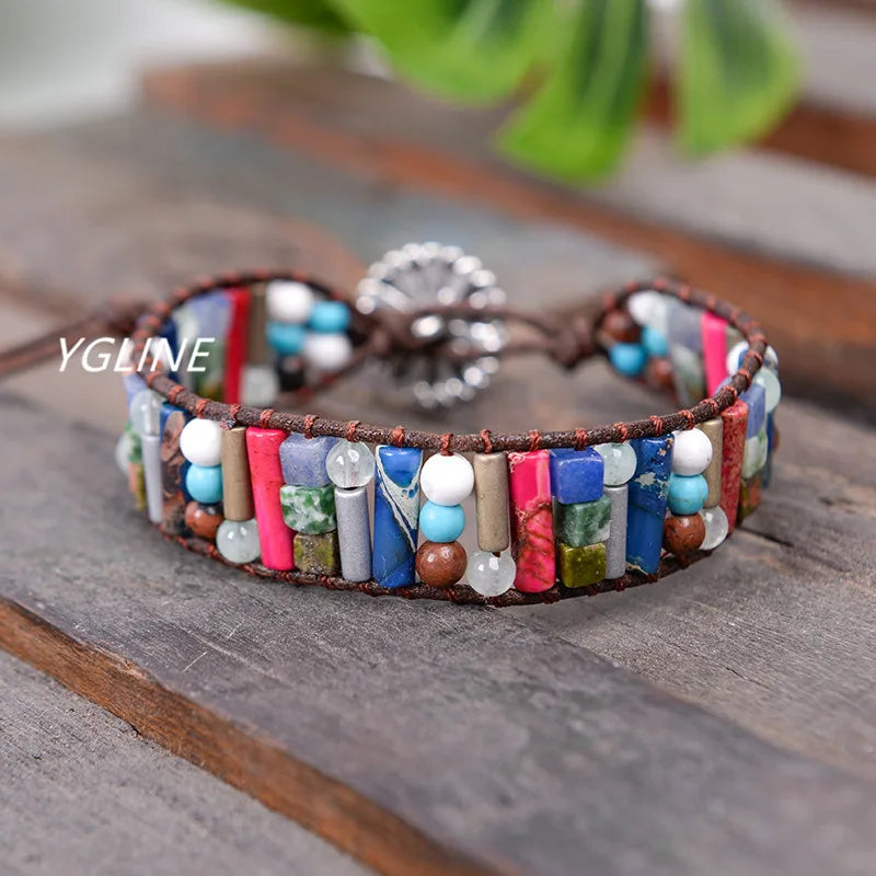Boho Leather Wrap Bracelet Natural Stone Beaded
