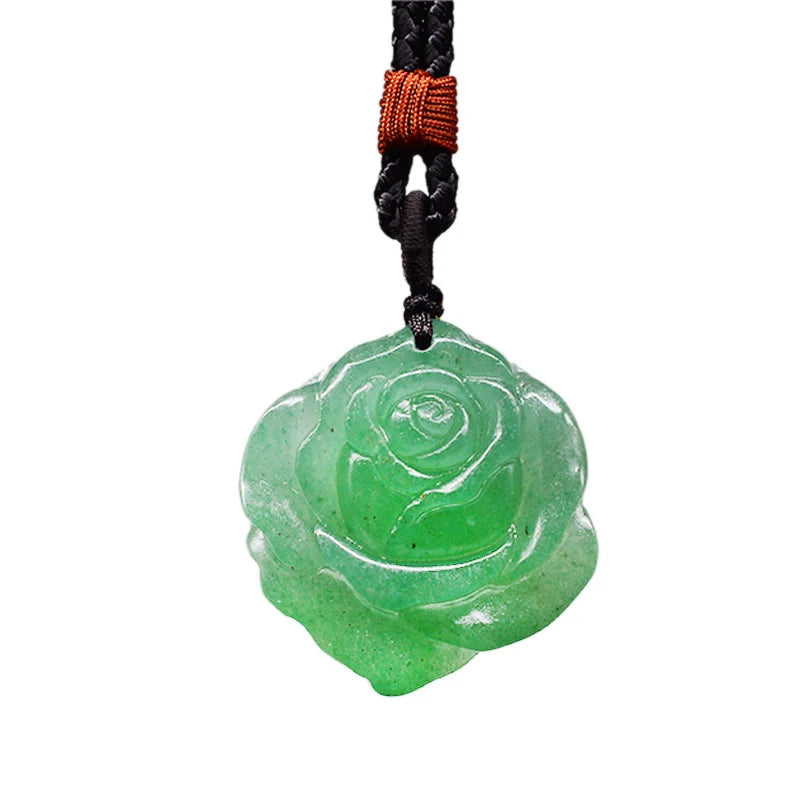 Green Jade Flower Necklace Pendant Jade Rose Necklace Lucky Amulet Jewelry