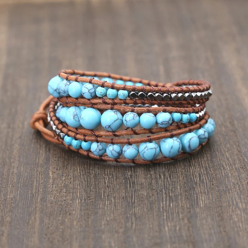 Natural Stones Charm 3 Strands Wrap Bracelets Boho Leather Bracelet