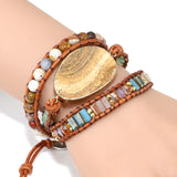 Boho Leather Wrap Bracelet with Painted Stone Charm