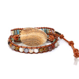 Boho Leather Wrap Bracelet with Painted Stone Charm