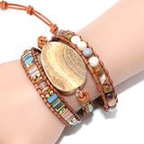 Boho Leather Wrap Bracelet with Painted Stone Charm