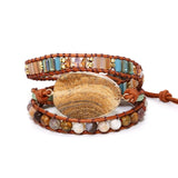 Boho Leather Wrap Bracelet with Painted Stone Charm