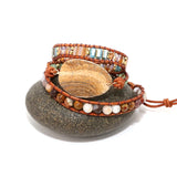 Boho Leather Wrap Bracelet with Painted Stone Charm