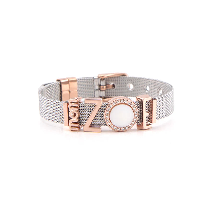 Mother Stainless Steel Charm Mesh Bracelet Set with Slide Charms