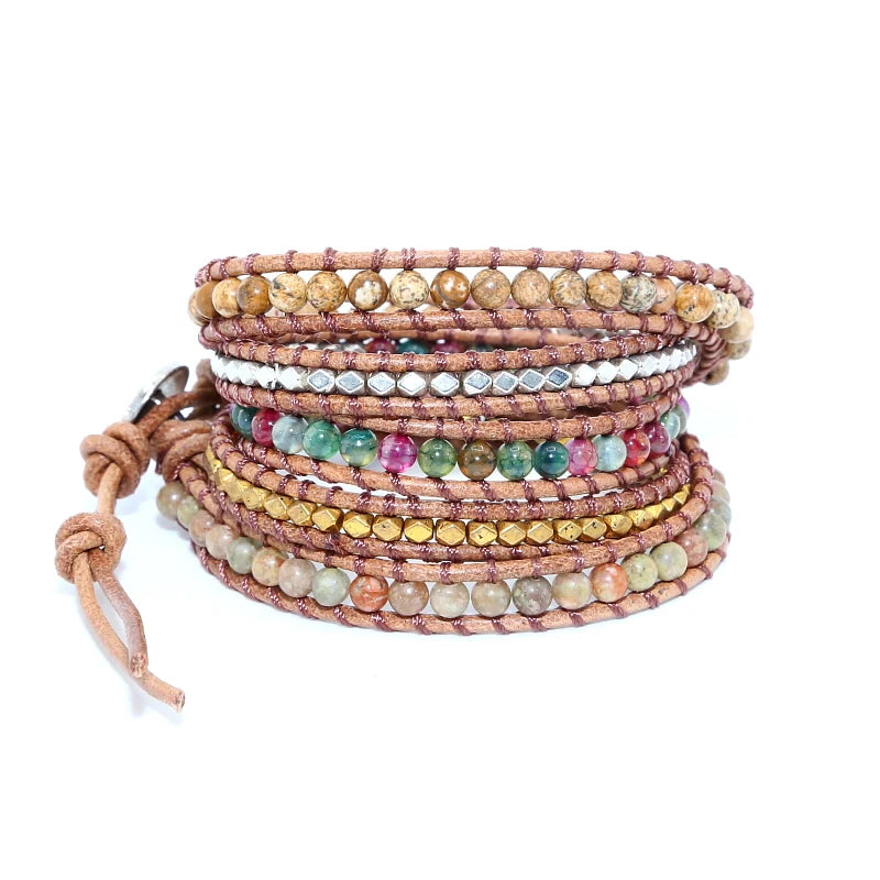 Boho Tourmaline Wrap Bracelet Natural Beads Leather Cuff