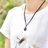 Purple Crystal Pendant Magnolia Flower Sweater Chain Necklace