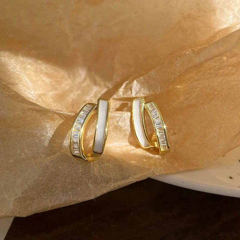 Oil Zircon Double Curved Stud Earrings 925 Sterling Silver Summer Jewelry
