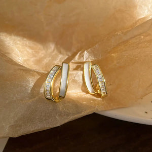 Oil Zircon Double Curved Stud Earrings 925 Sterling Silver Summer Jewelry