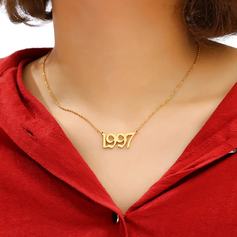 Old English Year Necklace Personalized Gold/Silver Pendant Choker