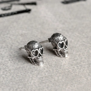 Punk 925 Sterling Silver Heart Eyes Skull Stud Earrings Halloween Piercing