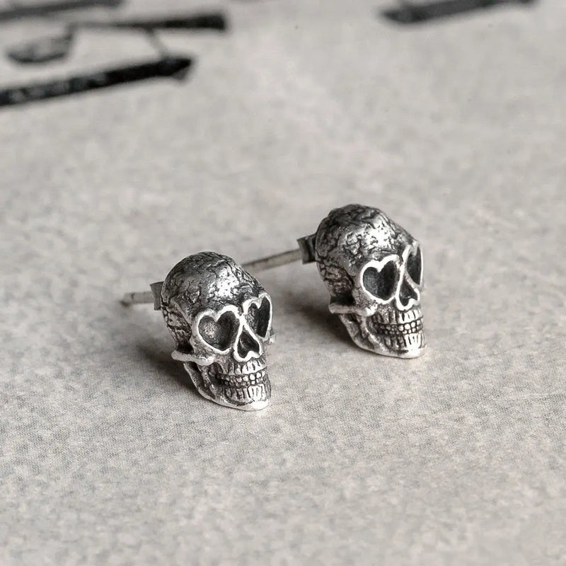 Punk 925 Sterling Silver Heart Eyes Skull Stud Earrings Halloween Piercing
