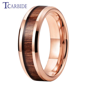 6mm 8mm Tungsten Ring Koa Wood Inlay Beveled Polished