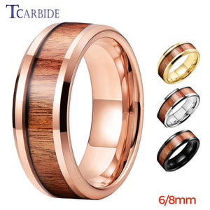 6mm 8mm Tungsten Ring Koa Wood Inlay Beveled Polished