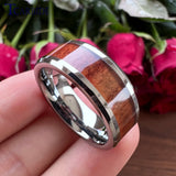 6mm 8mm Tungsten Ring Koa Wood Inlay Beveled Polished