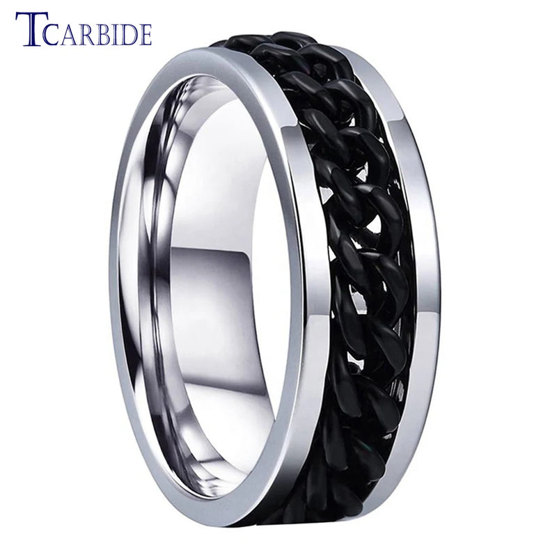 8mm Stainless Steel Rotate Chain Ring Grooved Brushed Gift Jewelry