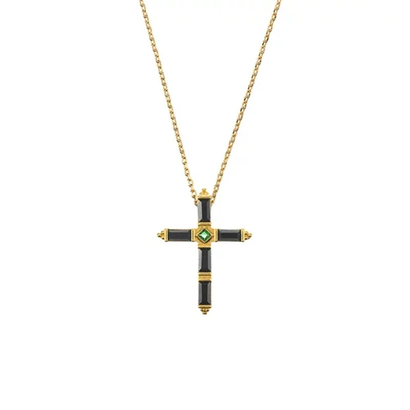 925 Silver Cross Pendant Necklace Long Chain with Crystal Zircon