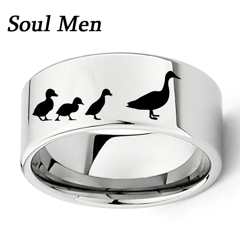 Engraved Duck & Ducklings Ring 11mm Tungsten Wedding Band Size 7-13
