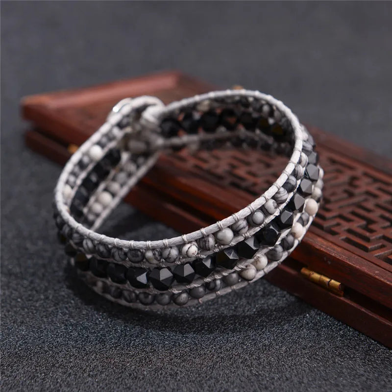 Luxury Leather Wrap Bracelet with Natural Stones