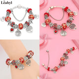 Vintage Red Leaf Flower Charm Bracelet DIY Jewelry for Women