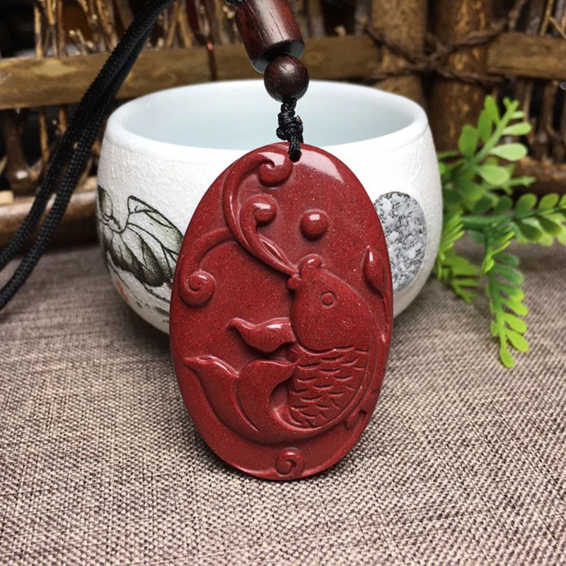 Natural Cinnabar Fish Pendant Necklace Evil Spirits Jewelry
