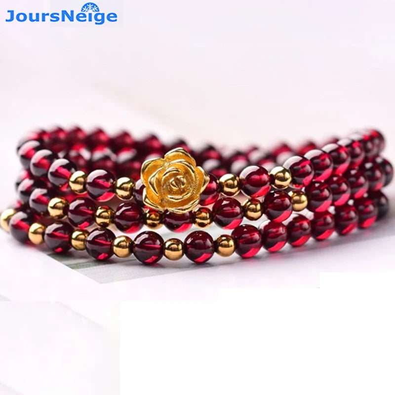 Natural Garnet Stone Bracelets Wine Red Beads With Yellow Flower Bracelets