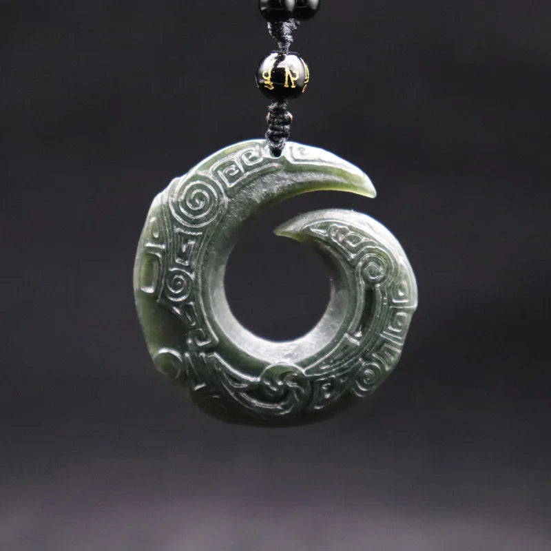 Green Hetian Jade Dragon Donut Pendant Lucky Amulet Necklace