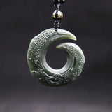 Green Hetian Jade Dragon Donut Pendant Lucky Amulet Necklace