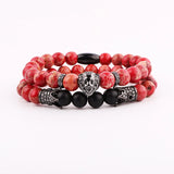 CZ Pave Crown Charm Lion Bracelet, Natural Stone, Elastic, Men Women