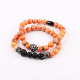 CZ Pave Crown Charm Lion Bracelet, Natural Stone, Elastic, Men Women