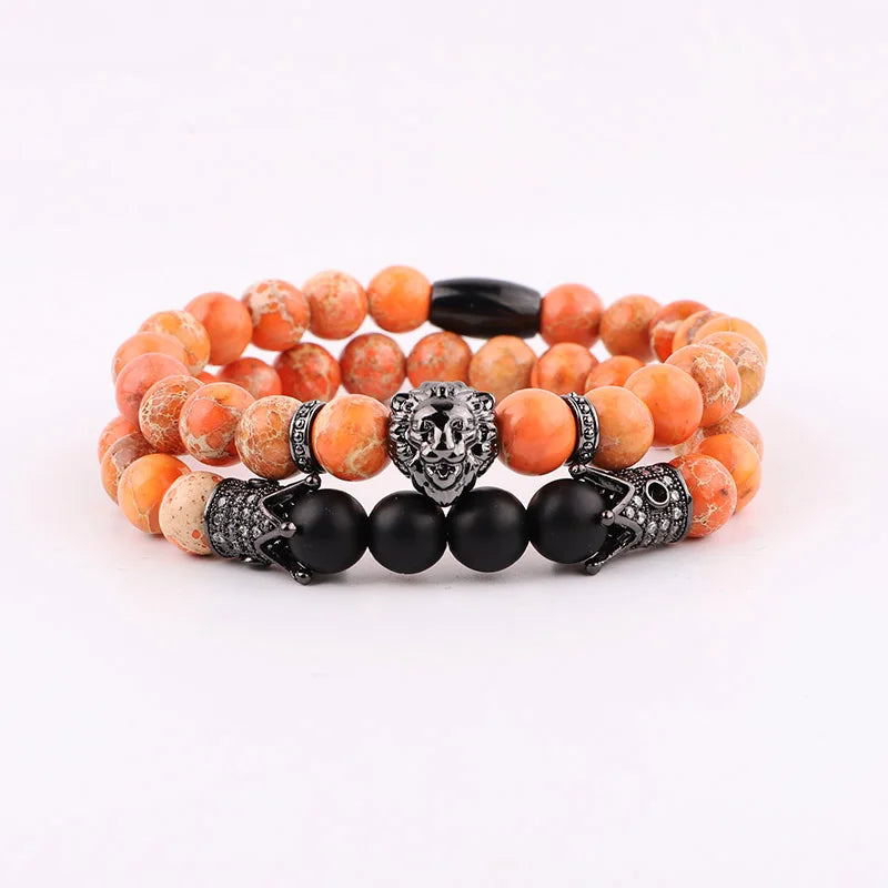 CZ Pave Crown Charm Lion Bracelet, Natural Stone, Elastic, Men Women