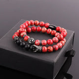 CZ Pave Crown Charm Lion Bracelet, Natural Stone, Elastic, Men Women